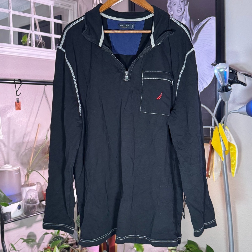 Nautica Quarter Zip Pullover Mens XXL Black Excellent Contrast Stitch KC4148